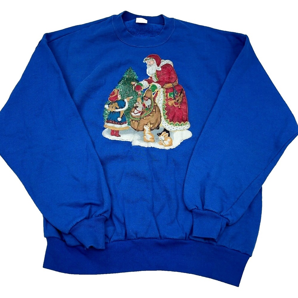 Vintage Christmas Sweater Women XL Blue Crew Neck Sweatshirt USA 90s Santa Claus